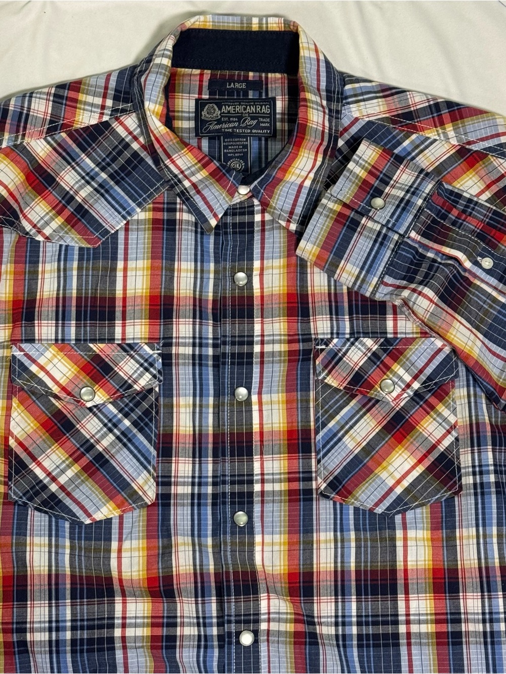 American Rag Men’s Plaid Pearl Snap Button-Down Shirt - Red, Blue, White, Yellow